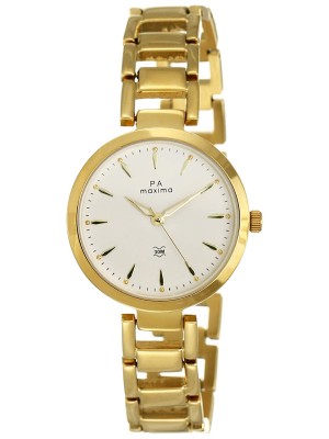 Maxima Analog White Dial Watch & Golden Stainless Steel Strap for Women-55854BMLY