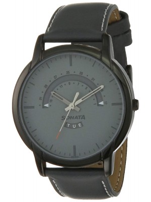 SONATA Reloaded Grey Dial Analog Watch with Day & Date Function & Grey Leather Strap for Men-77031NL02