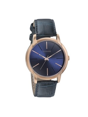 Sonata Beyond Gold Blue Dial Analog Watch & Blue Leather Strap  for Men-77031WL03