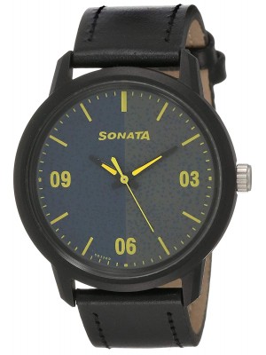 Sonata Volt+ Bicolour Dial Analog Watch & Black Leather Strap  For Men-77085PL03