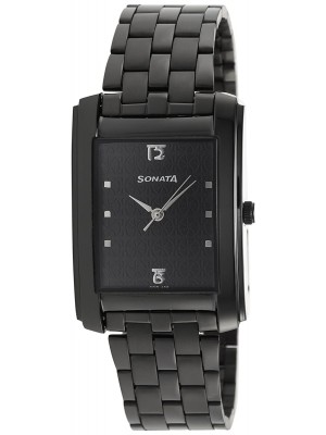 Sonata Black Dial Analog Watch & Stainless Steel Strap for Men-NK7953NM01