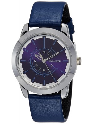 Sonata Purple Dial Analog Watch & Blue Leather Strap for Men-NL7924SL08