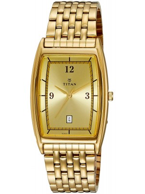 Titan Champagne Dial Analog Watch with Date Function Golden Stainless Steel Strap for Men-1640YM02