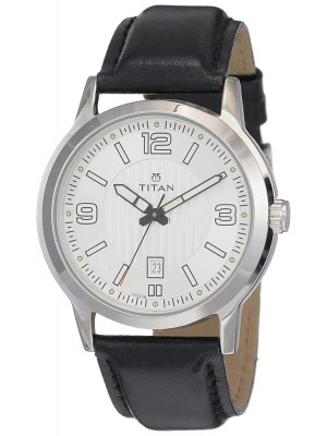 Titan Silver Dial Analog Watch & Black Leather Strap for Men-1730SL01