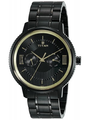 Titan Black Dial Analog Watch with Day & Date Function & Black Stainless Steel Strap for Men-1743NM01
