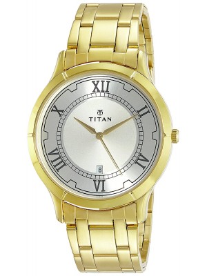 Titan Champagne Dial Analog Watch with Date Function & Golden Stainless Steel Strap for Men-1775YM01
