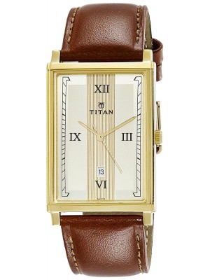 Titan Champagne Dial Analog Watch with Date Function &  Brown Leather Strap for Men-1776YL01