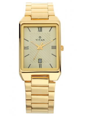 Titan Champagne Dial Analog Watch with Date Function & Dial Golden Stainless Steel for Men-1777YM02