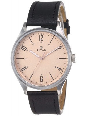 Titan Champagne Dial Analog Watch & Black Leather Strap  for Men-1802SL03