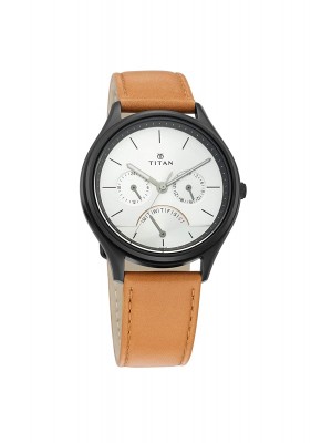 Titan Silver Dial Multifunction Watch & Tan Leather Strap  for Men-1803NL01