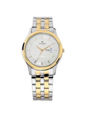 Titan Silver Dial Analog Watch with Day & Date Function & Two Tone Stainless Steel Strap for Men-1824BM01