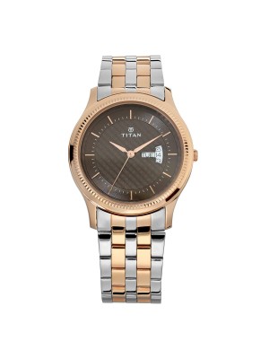 Titan Brown Dial Analog Watch with Day & Date Function & Stainless Steel Strap for Men-1824KM01