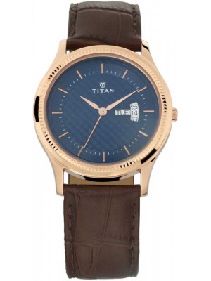 Titan Blue Dial Analog Watch with Day & Date Function & Brown Leather Strap for Men-1824WL01