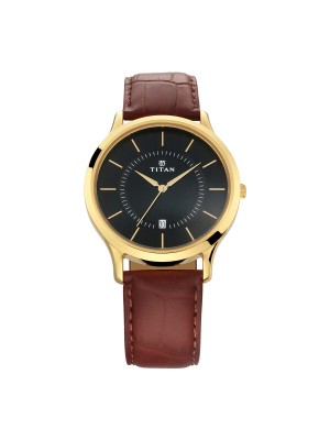 Titan Black Dial Analog Watch with Date Function & Brown Leather Strap for Men-1825YL01