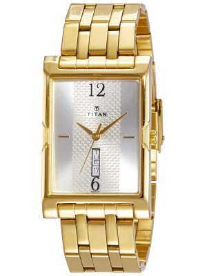 TITAN Silver Dial Analog Watch with Day & Date Function & Golden Stainless Steel Strap for Men-NH1641YM01
