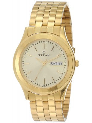 Titan Champagne Dial Analog Watch with Day & Date Function &  Yellow Stainless Steel Strap for Men-NJ1648YM05