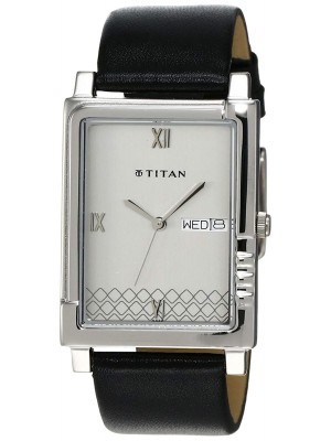 Titan Silver Dial Analog Watch  with Day & Date Function & Black Leather Strap for Men-NK1508SL01