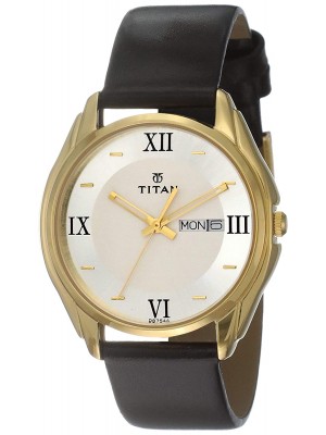TITAN Silver Dial Analog Watch with Day & Date Function & Black Leather Strap  for Men -NK1578YL04