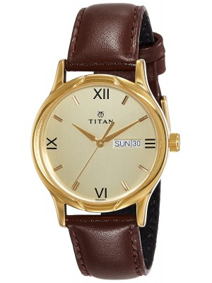 TITAN Champagne Dial Analog Watch with Day & Date Function & Brown Leather Strap for Men-NK1580YL05