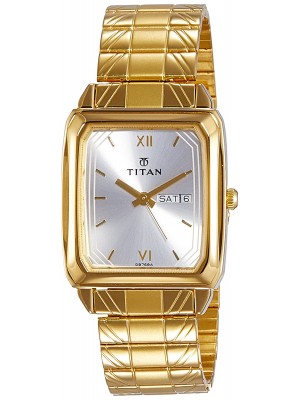 Titan Analog Watch Silver Dial with Day & Date Function & Golden Stainless Steel Strap for Men-NK1581YM04