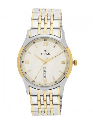 TITAN Off White Dial  Analog Watch with Day & Date Function & Two Toned Stainless Steel Strap  for Men-NK1636BM01