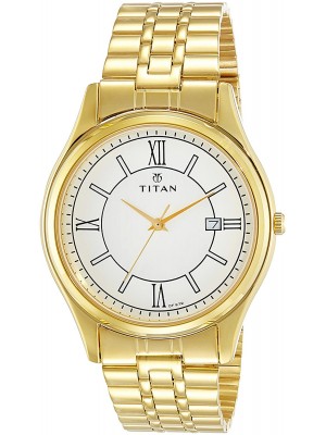 Titan White Dial Analog Watch with Date Function & Golden Stainless Steel Strap for Men-NK1713YM02