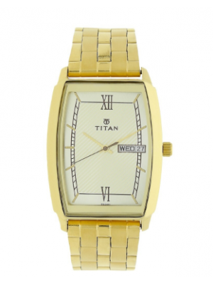 Titan White Dial Analog Watch with Day & Date Function & Golden Stainless Steel Strap for Men-NK1737YM01