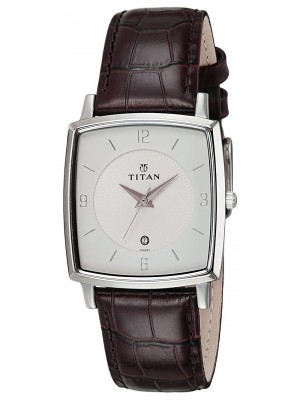 Titan Silver Dial Analog Watch with Date Function & Brown Leather Strap for Men-NK9159SL01
