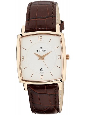 Titan White Dial Analog Watch with Date Function & Brown Leather Strap for Men-NK9159WL01