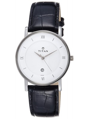Titan White Dial Analog Watch with Date Function & Black Leather Strap or Men-NK9162SL04