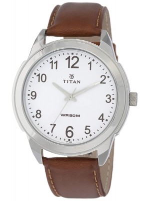 Titan White Dial Analog Watch & Brown Leather Strap  for Men-NL1585SL07