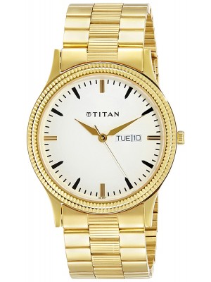 Titan Analog Watch White Dial with Day & Date Function & Golden Stainless Steel Strap for Men-NL1650YM03