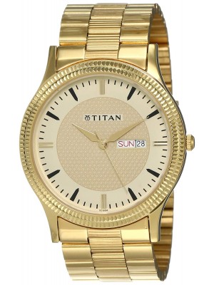 Titan Analog Watch Champagne Dial with Day & Date Function & Gold Stainless Steel Strap  for Men-NL1650YM04