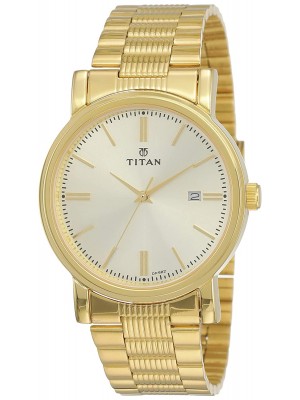 Titan Champagne Dial Analog Watch with Date Function & Golden Stainless Steel Strap  for Men-NL1712YM03
