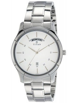 Titan Analog Watch White Dial with Day & Date Function & Stainless Steel Strap for Men-NL1767SM01