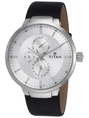 Titan Silver Dial Multifunction Watch & Black Leather Strap Watch for Men-NL90093SL01