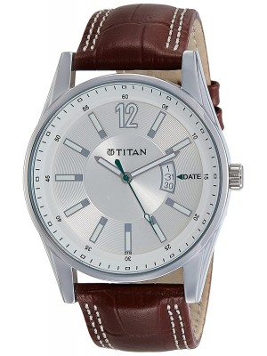 TITAN Octane Silver Dial Analog Watch with Date Function & Brown Leather Strap  for Men-NL9322SL03