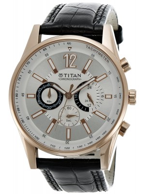 Titan Silver Dial Chronograph Watch black Leather Strap Watch for Men-NM9322WL01