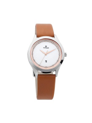 Titan Sparkle White Dial Analog Date Function & Brown Leather Strap  for Women-2570SL02