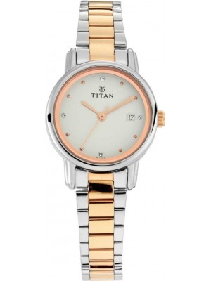 Titan White Dial Analog Watch with Date Function & Two Tone Stainless Steel for Women-2572KM01