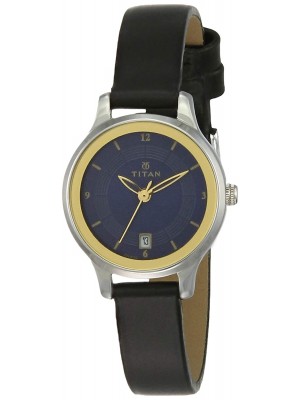 Titan Blue Dial Analog Watch & Black Leather Strap for Women-2602SL01