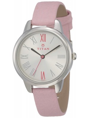 Titan Silver Dial Analog Watch & Pink Leather Strap  for Women-NK2481SL01