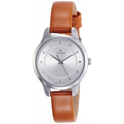 Titan Silver Dial Analog Watch & Brown Leather Strap for Women-NL2481SL06