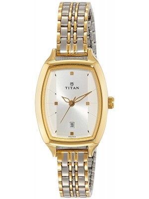 Titan Silver Dial Analog Watch with Date Function & Two Toned Stainless Steel Strap for Women-NL2571BM01
