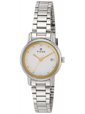 Titan White Dial Analog Watch with Date Function & Silver Stainless Steel Strap  for Women-NL2572SM01