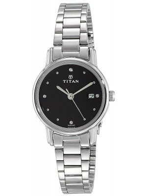 Titan Black Dial Analog Watch with Date Function Silver Stainless Steel Strap for Women-NL2572SM02