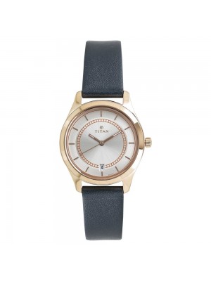 Titan White Dial Analog Watch with Date Function & Black Leather Strap for Women-NL2596WL01