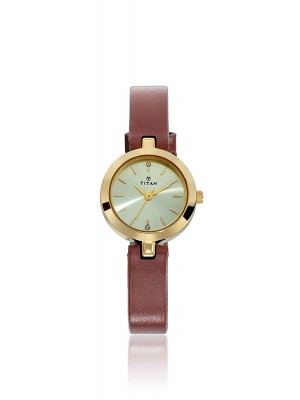 Titan Champagne Dial Analog Watch & Brown Leather Strap for Women-NL2598YL01