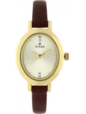 Titan Champagne Dial Analog Watch & Brown Leather Strap for Women-NL2599YL01
